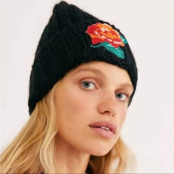 Free People Accessories - NWT Free People Everything Rosy Black Beanie with Pink Embroidered Rose